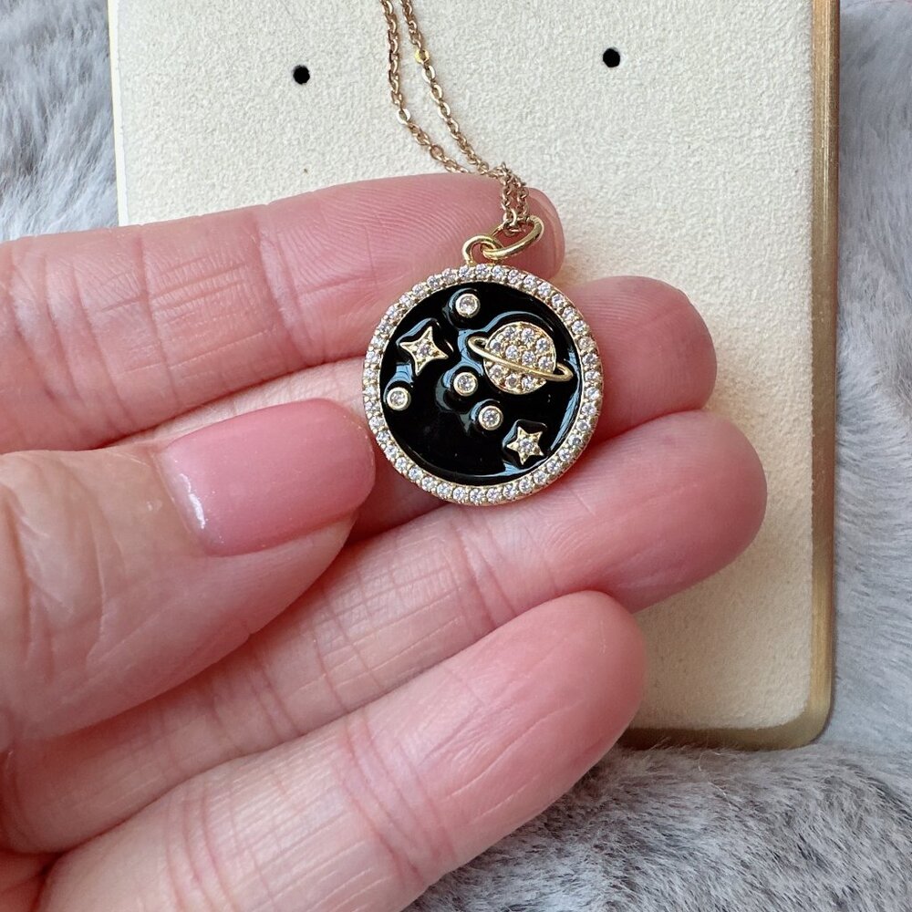 Black Enamel Rhinestone Planets Necklace - Picture 2 of 4